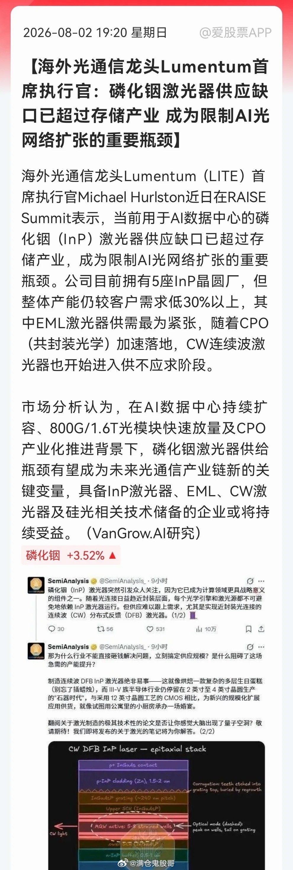 刚刚看到一条利好消息，有点小兴奋！存储产业已非“最缺”，磷化铟激光器成AI新瓶颈