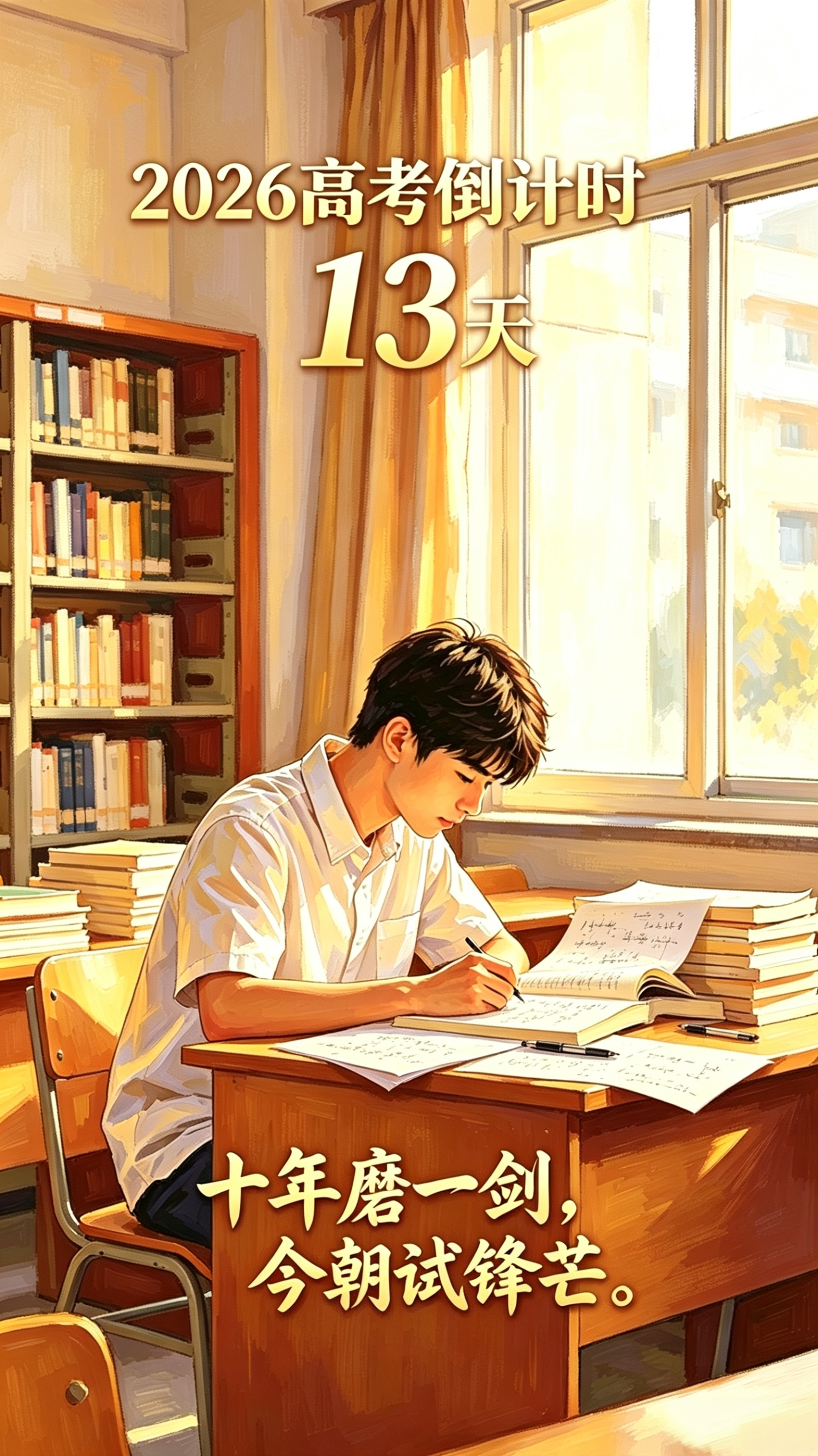 【高考倒计时13天晨光为证】5月25日，高考倒计时13天！教室的晨光落在摊开的习