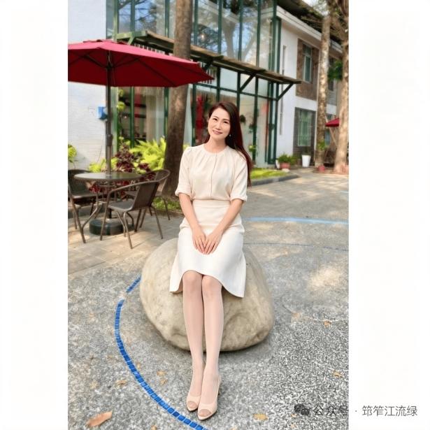 女士坐在户外的石头上晒太阳。