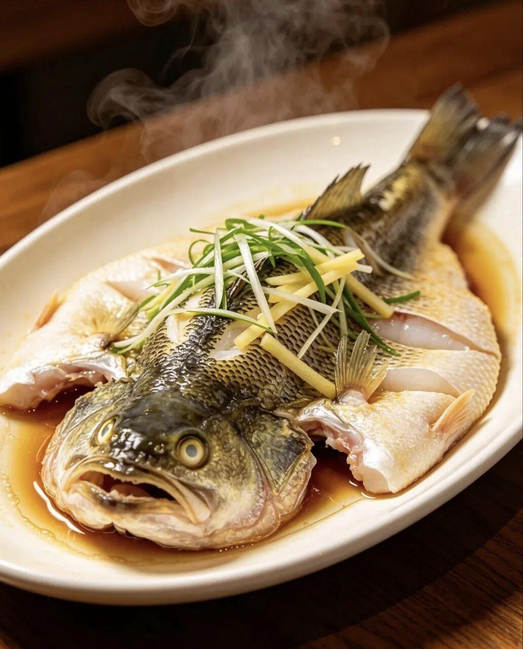 真心话茶局鲜嫩多汁的清蒸鲈鱼🐟，淋上香浓的酱料，撒上翠绿的葱花，美味又诱人。香