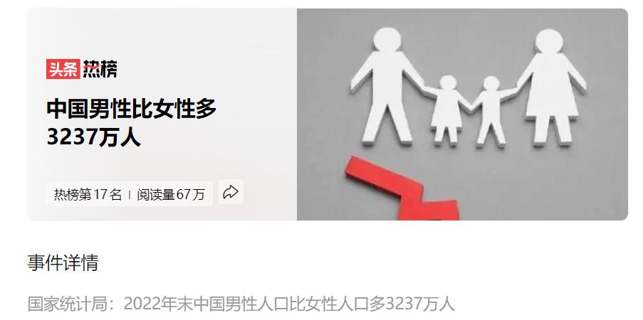 今天看到这个新闻头条，国家统计局：2022年末中国男性人口比女性人口多3237万