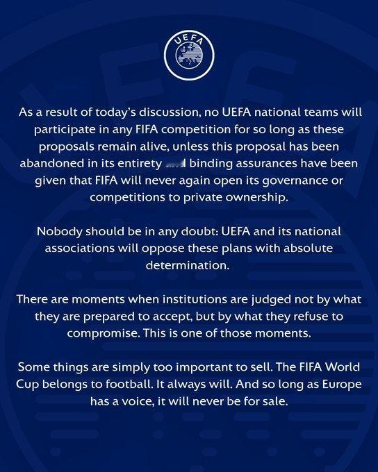 欧足联决定抵制世界杯 欧足联就FIFA成立商业子公司、出售相关股份一事发表声明，