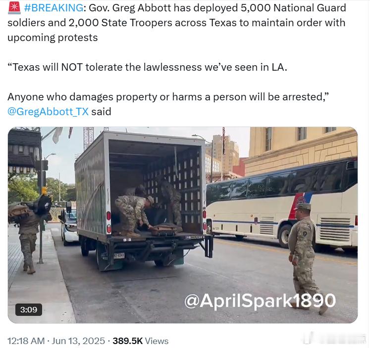德克萨斯州州长格雷格·阿博特已在全州部署了5000名国民警卫队士兵和2000名州