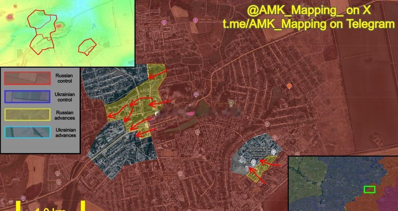 在多布罗皮利亚方向，俄军继续推进至米尔诺格拉德市，并正在清除该市剩余的乌军抵抗据