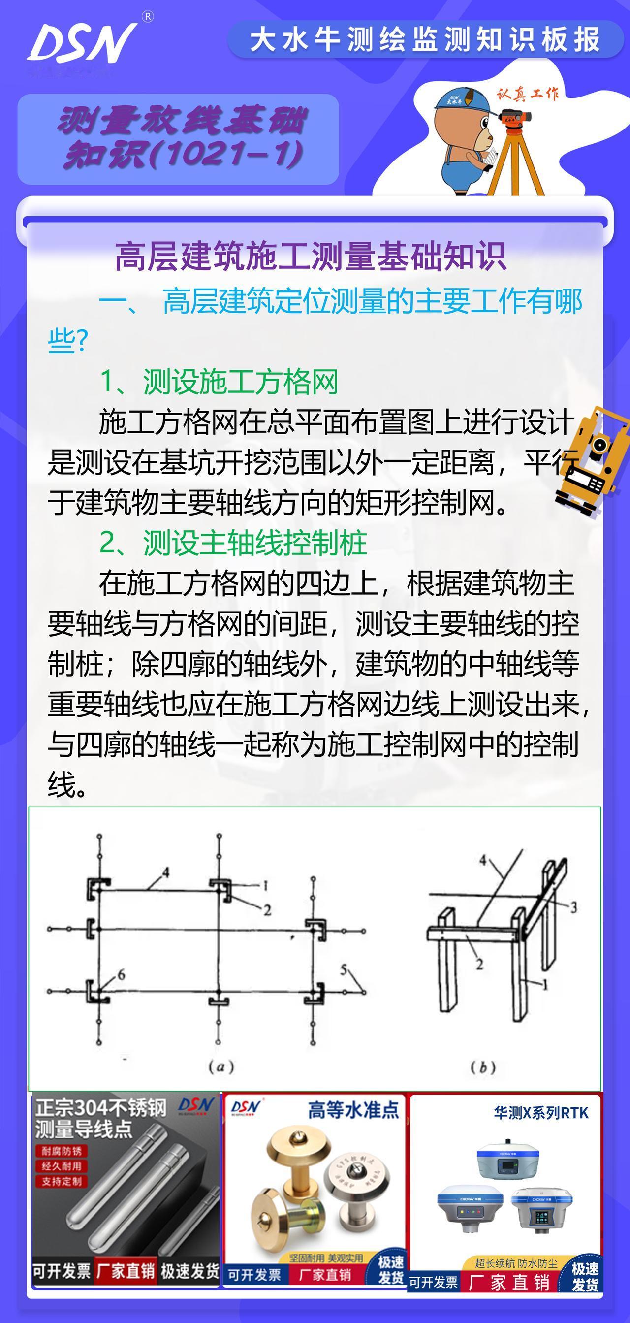 赛维板报|高层建筑施工测量基础知识
在施工方格网的四边上，根据建筑物主要轴线与方