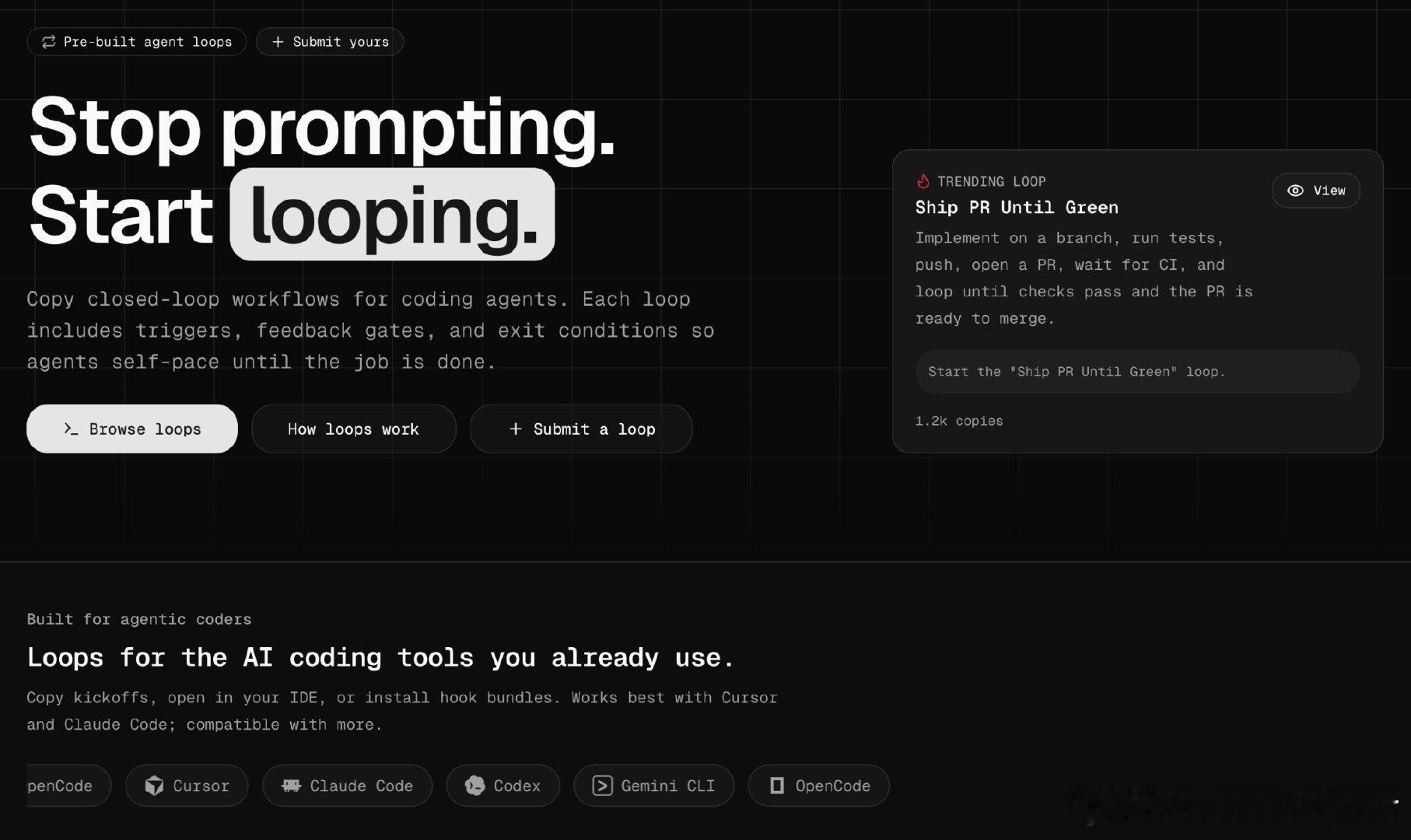 loops! 是一套专为 AI 编码代理设计的预置循环工作流，把触发器、反馈闸门