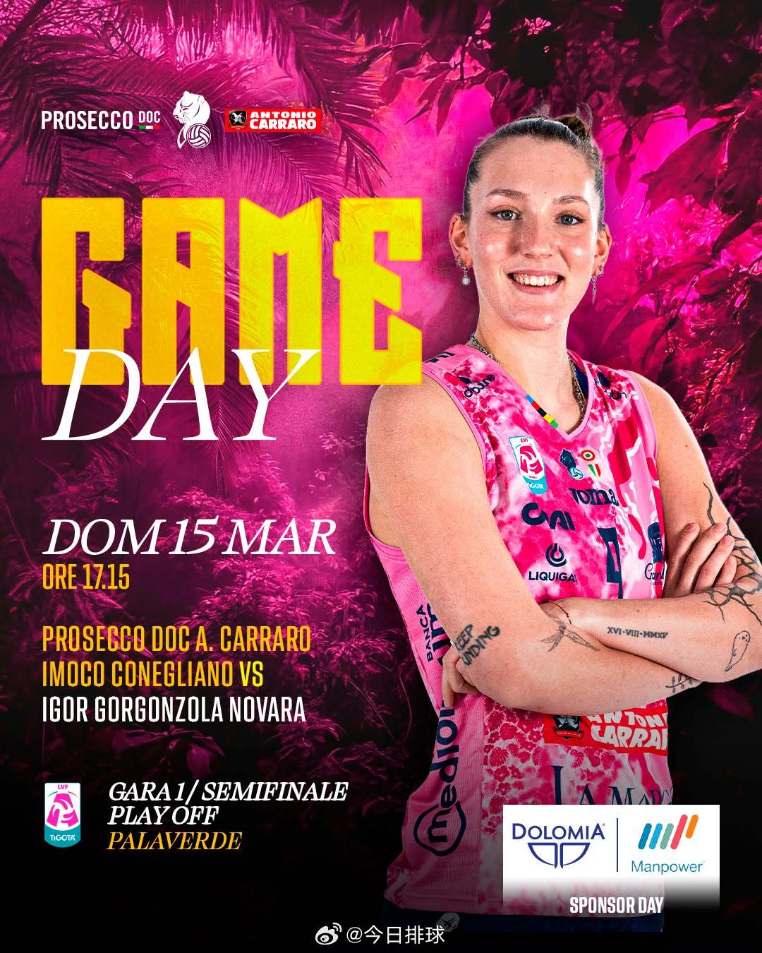 北京时间今晚（明天凌晨）00:15，2025-2026女排意甲 半决赛第一场，朱