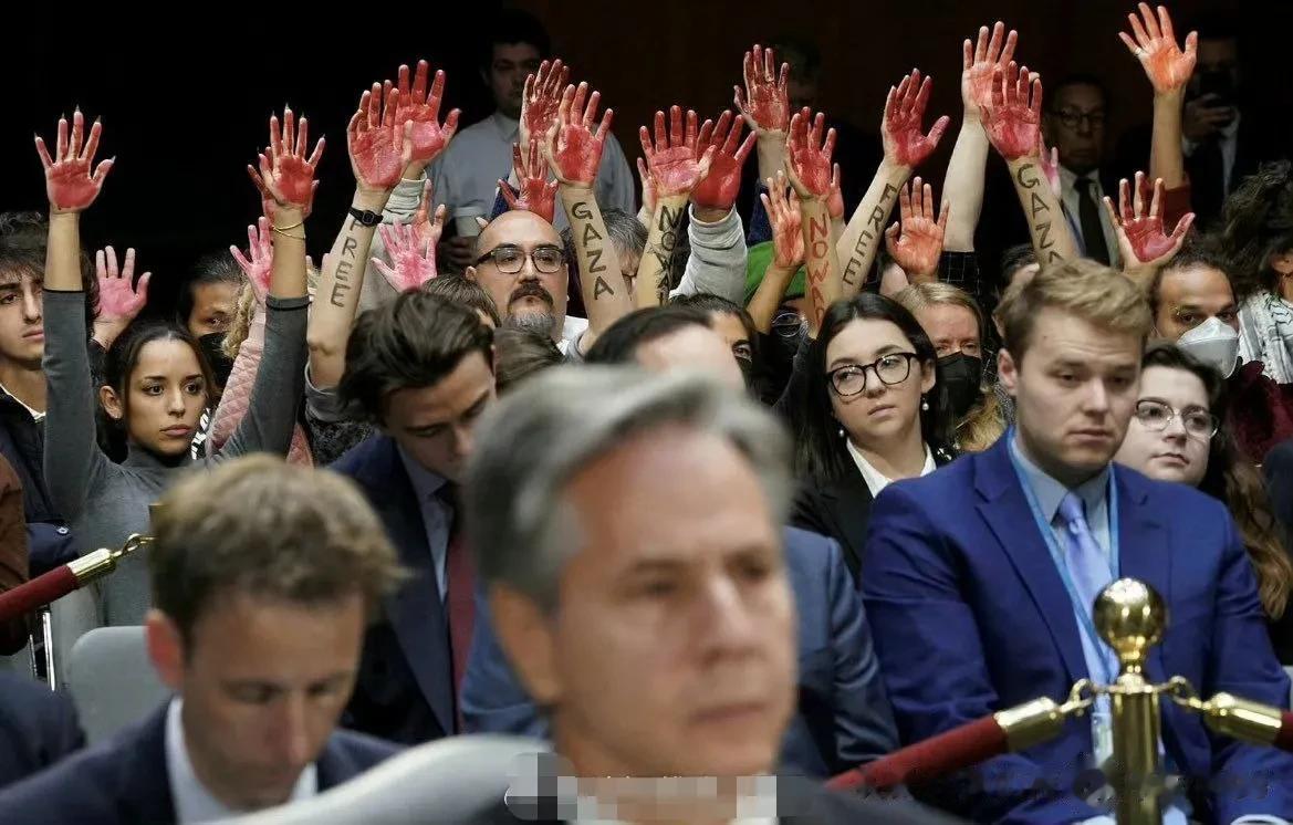 昨天，美国参议院关于拜登政府申请战争经费的听证会上出现了反战抗议
注意看布林肯凝