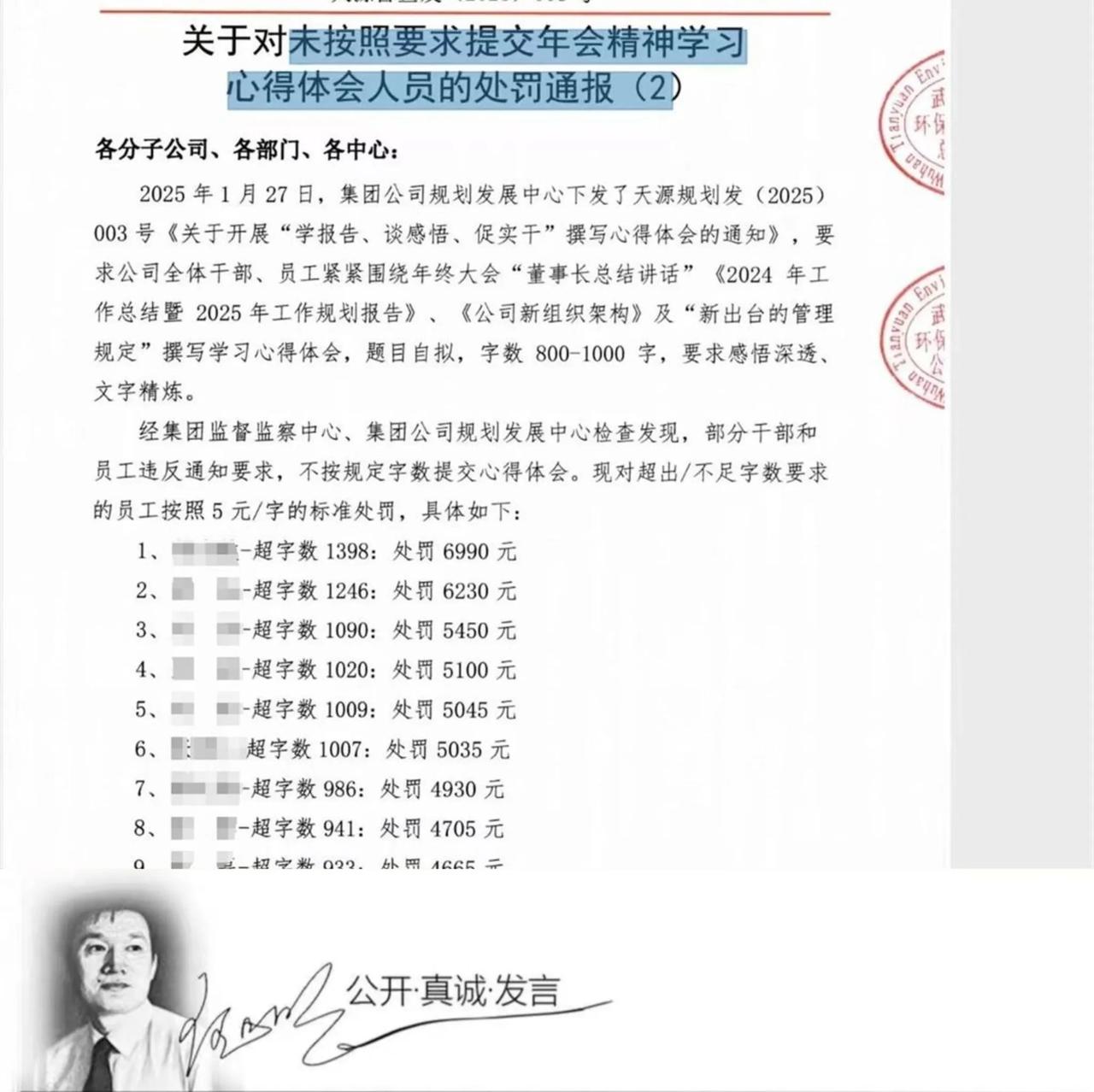 近日网传一份武汉某环保公司的“处罚通报”显示，员工心得超字每字罚五元，有人被罚数