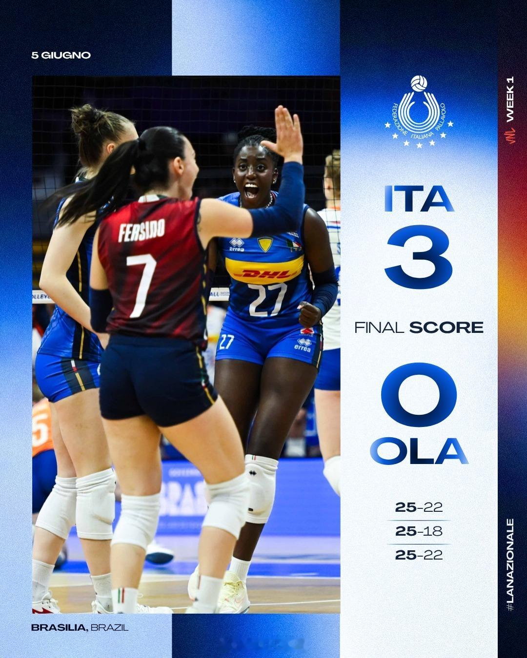 【2026世界女排联赛 巴西利亚站：意大利女排3-0荷兰女排】北京时间6月6日上