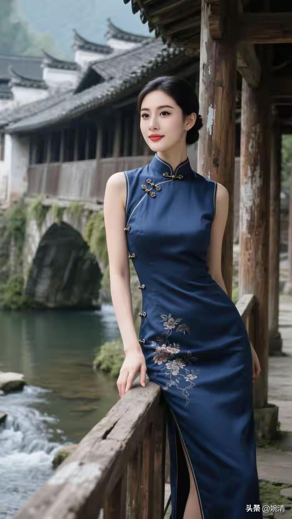 塞鸿秋·藏青旗袍
一袭藏青烟雨绕，
江南廊畔风姿俏。
缎如静水凝清照，
盘扣玲珑