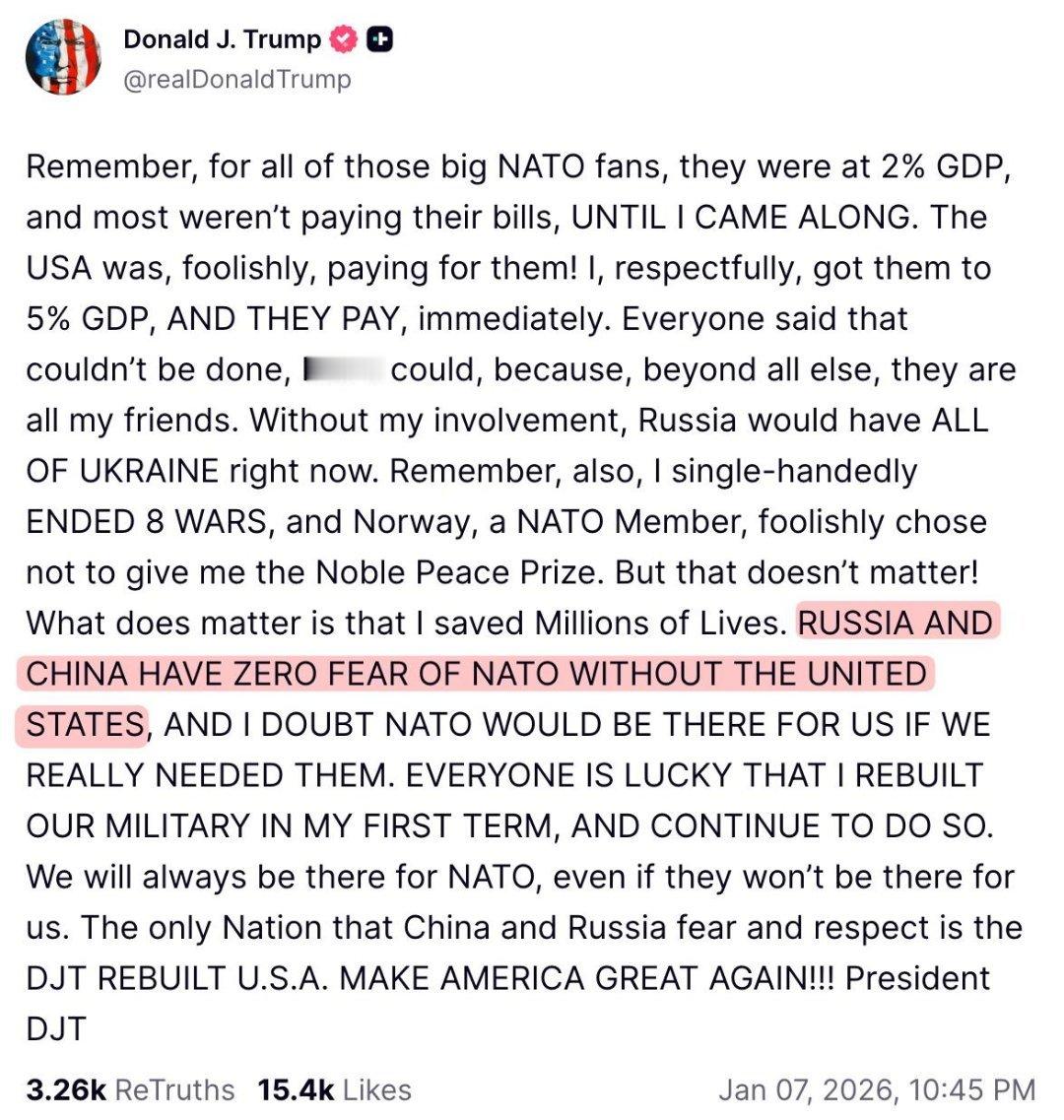 特朗普：若美国退出北约，俄东就不会惧怕该联盟请记住，对于那些所有的北约铁粉们来说