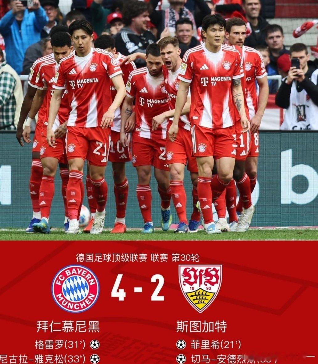 拜仁提前4轮夺冠拜仁4-2斯图加特提前4轮卫冕德甲，凯恩、雅克松破门北京时间4月