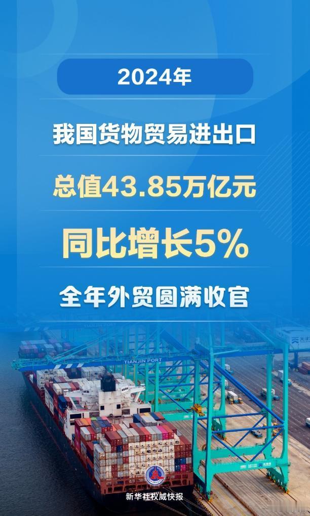 海关总署1月13日发布数据显示，2024年我国货物贸易进出口总值43.85万亿元