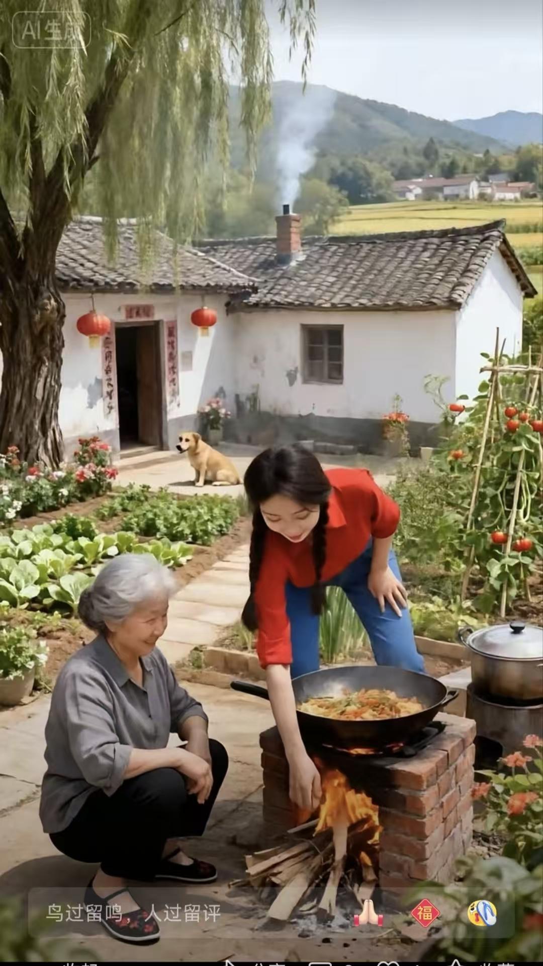 捣练子·田园农家
薪火绕，灶烟飘，
厨间母女话家常。
山清水秀风光好，
猫狗悠闲