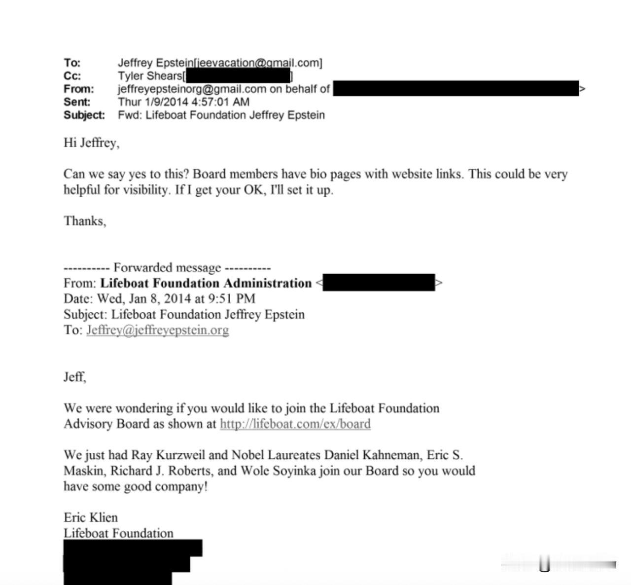 杰弗里·爱泼斯坦曾受邀加入一家专注于地下掩体的基金会顾问委员会。

一封2014