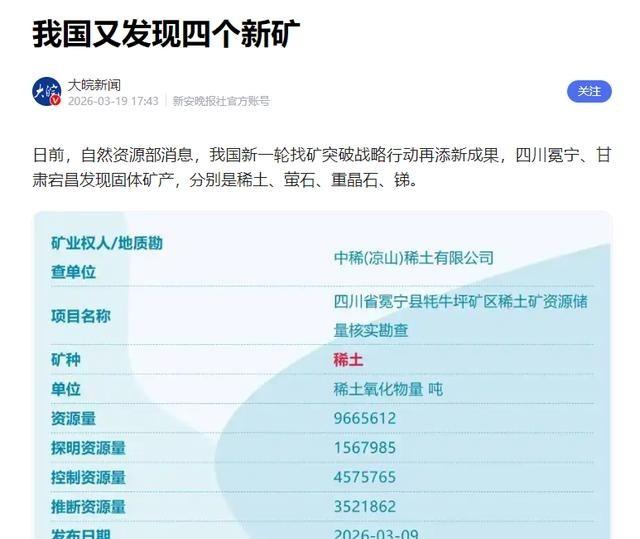 天佑华夏！中国再探明一处稀土矿！3月18日媒体报道，中国找矿战略行动再次取得重大