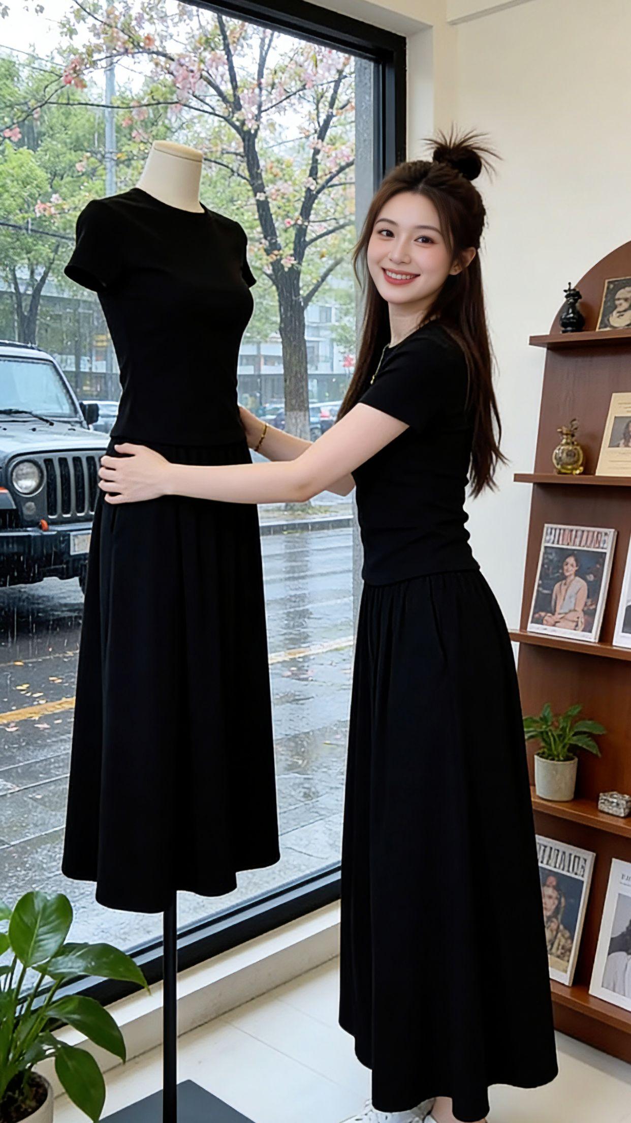 谁懂啊！这套黑色两件套真的太懂女生了！修身短袖贴合身形不紧绷，垂坠感大摆半身裙藏