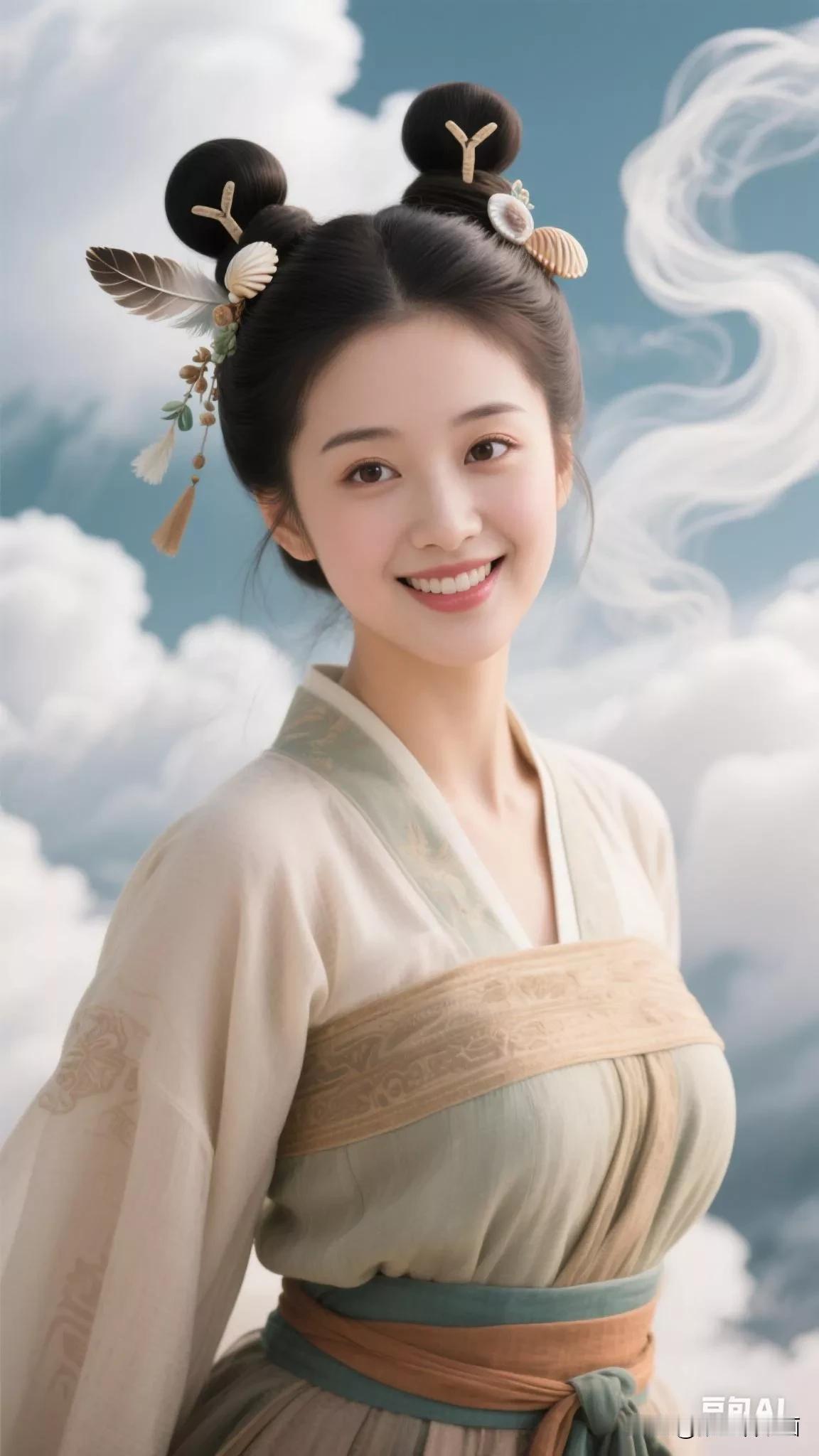 云间仙子，古风华裳，笑靥如花。张立启原创书画AI作品古仕女发髻集锦首发353期集