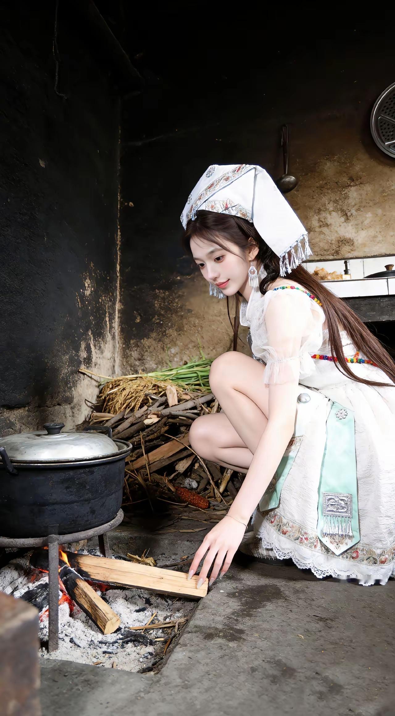 复古少女在乡村厨房里添柴，怀旧氛围满满！碎花连衣裙怎么穿不俗气?