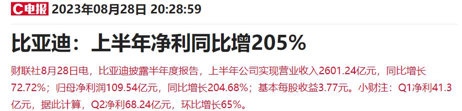 比亚迪上半年归母净利润 109.54 亿元，同比增长 204.68%
增长势头可