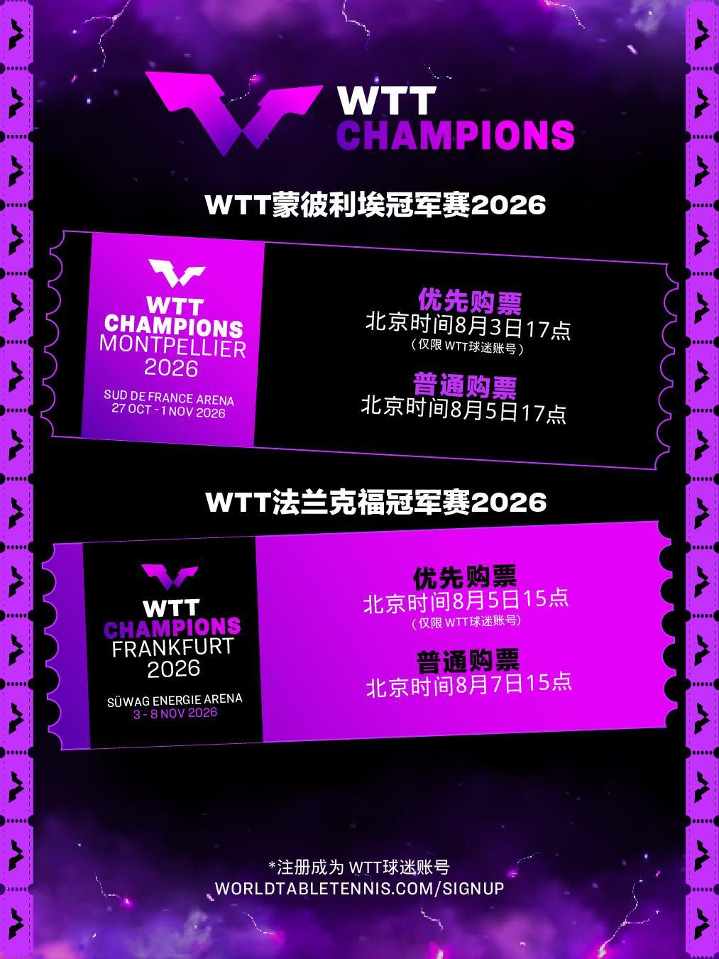 WTT冠军赛蒙彼利埃站优先购票 3日17:00丨普通购票5日17:00WTT冠军