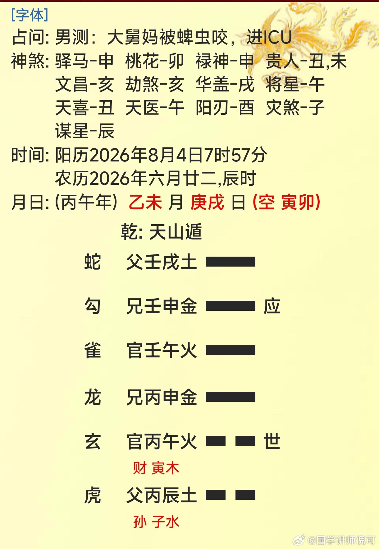 易友摇卦求测舅妈身体健康倪可说六爻 大舅妈被蜱虫咬，进ICU吉凶如何。取父母爻为