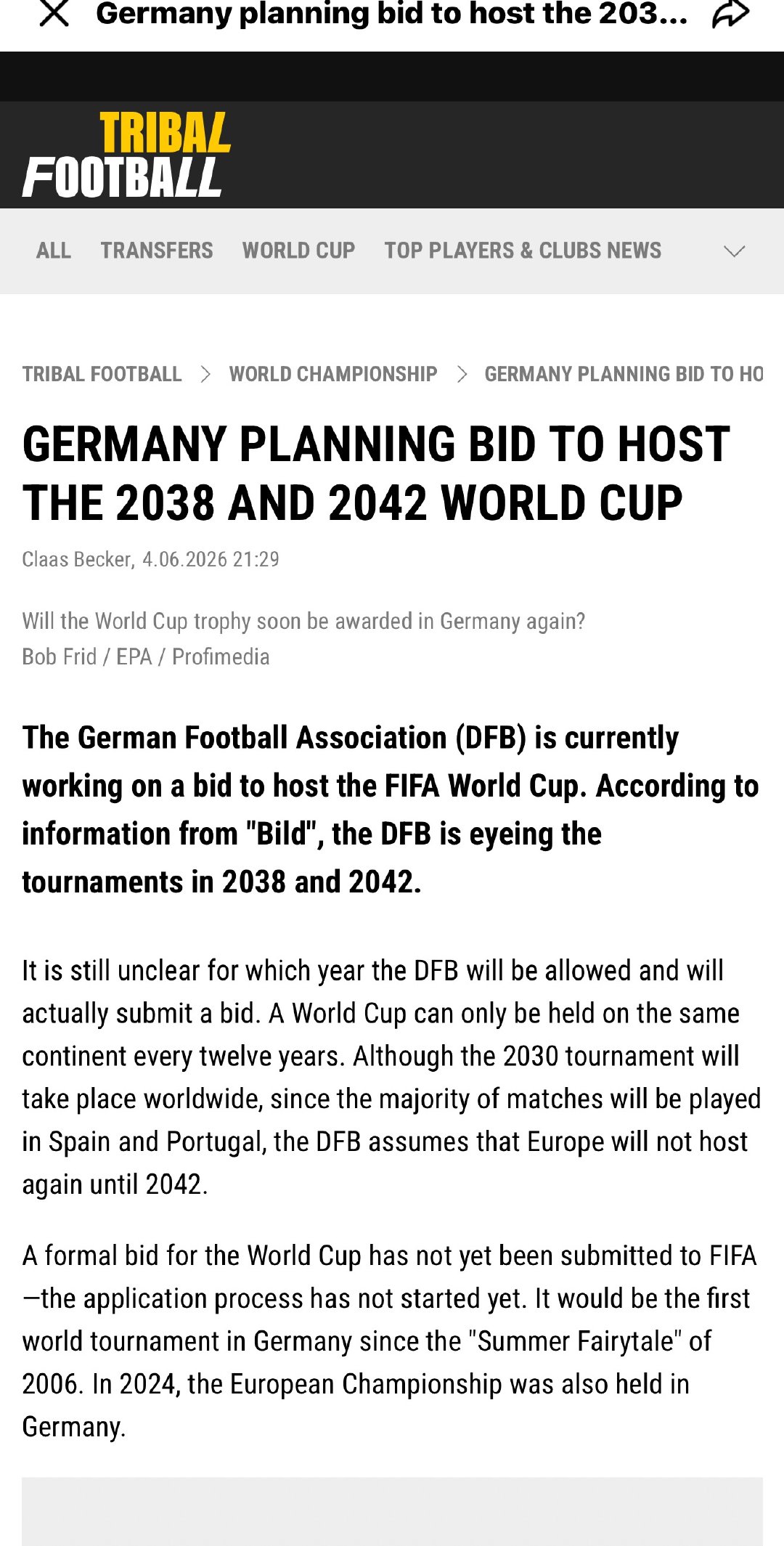 德国足协正积极筹备申办2038年或2042年世界杯。纽恩多夫已向德国足球职业联盟