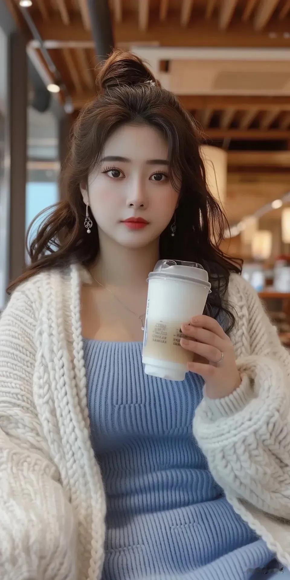 奶茶美女，天然超美，浅蓝色毛衣吸睛