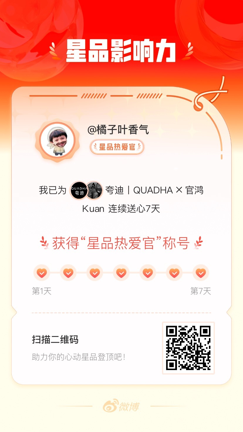 我在星品影响力上为 X 连续送心7天，获得“星品热爱官”称号！快来一起pick你