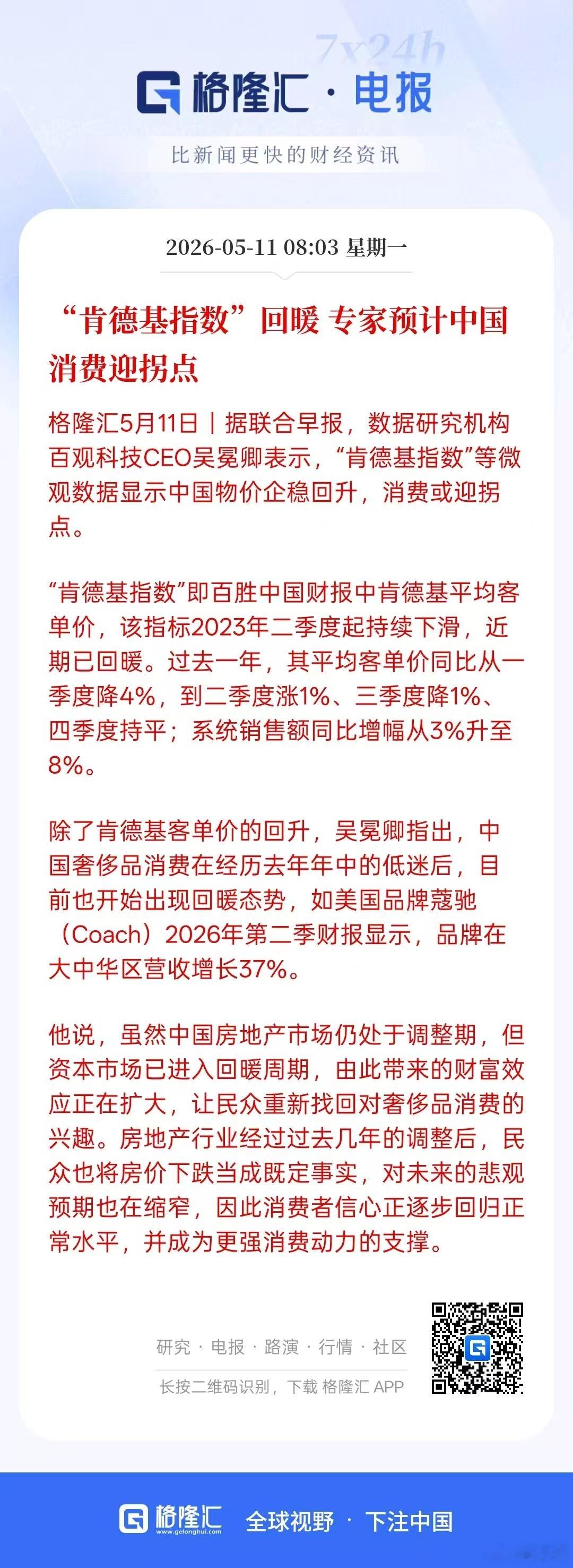 重了个大磅！【肯德其指数”回暖 专家预计中国消费迎拐点】数据研究机构百观科技CE