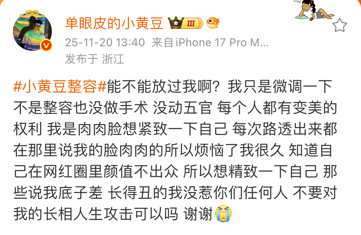 小黄豆回应整容