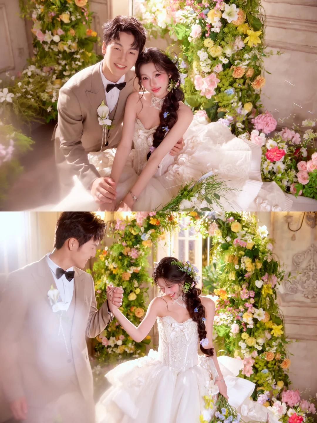 这是谁家的甜妹在花房里拍婚纱照啊？太甜了！