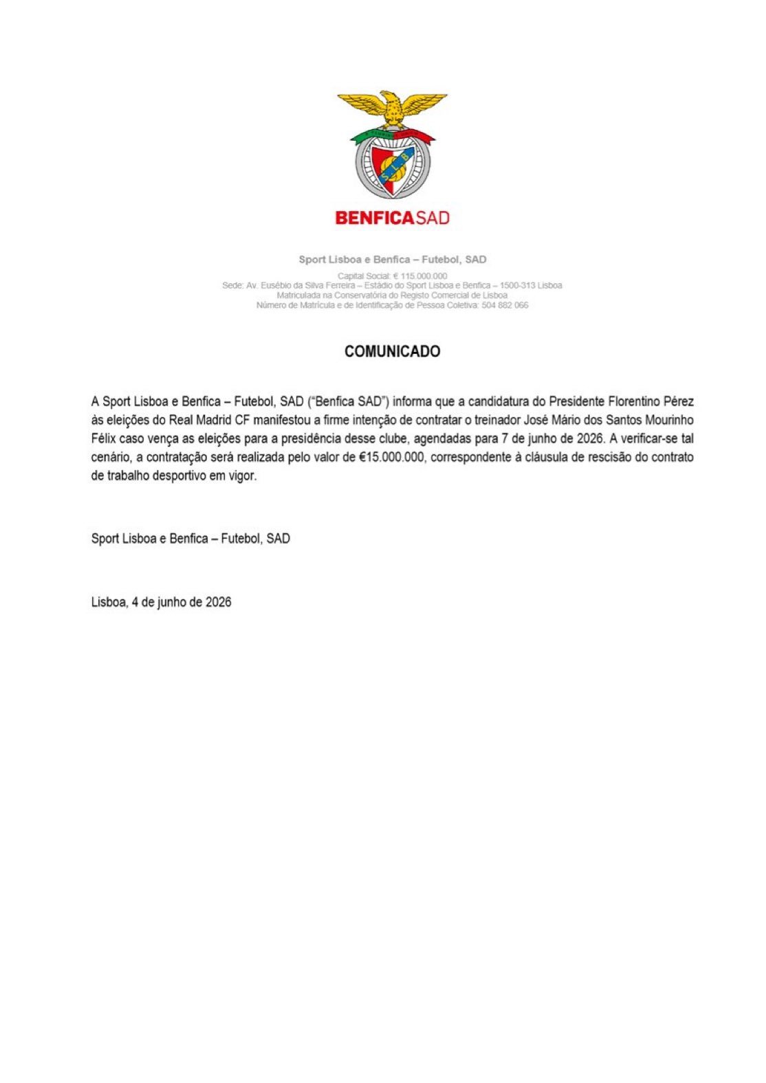 【本菲卡官方声明】🚨🚨🚨🚨本菲卡特此通告：皇马大选候选人弗洛伦蒂诺·佩雷