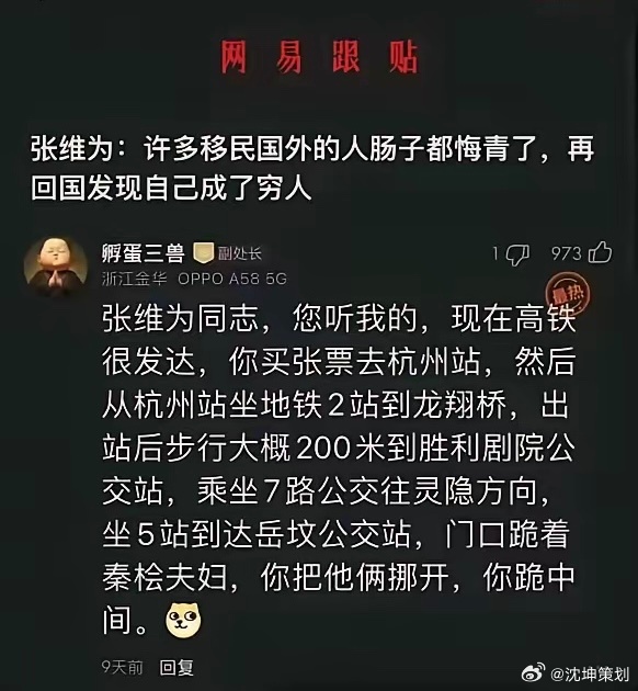 张维为：许多移民国外的人肠子都悔青了，再回国发现成了穷人！然后有一个回帖简直是神