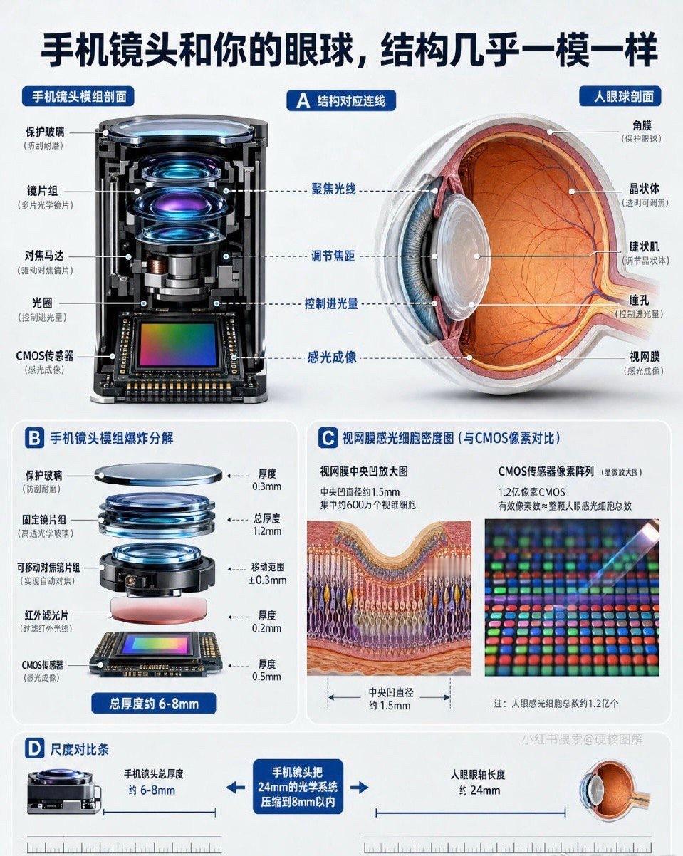 看完才知道原来手机摄像头跟人眼球结构相似，保护玻璃对应的是角膜，镜片组对应晶状体