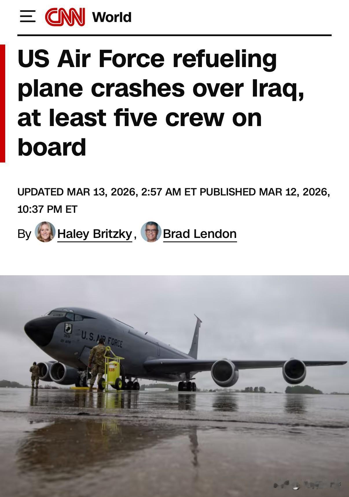 看到较为粗略地报道，周四一架美军一架加油机KC-135在伊拉克西部坠毁，美军方称