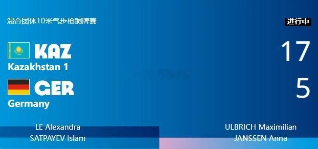 混合团体10米气步枪铜牌赛战罢，哈萨克斯坦组合在决赛中17-5击败德国组合，拿下