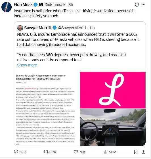 人开车保险贵，FSD开车保险便宜。正在实现。美国保险商Lemonade周三表示，