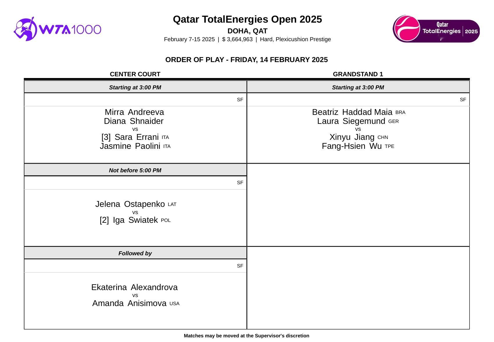 WTA1000 多哈站今日赛程📅半决赛斯瓦泰克对决奥斯塔彭科，亚历山德洛娃迎战