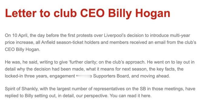 “香克利之魂”回信CEO ✍4月10日，也就是俱乐部宣布连续多年上调票价、引发首