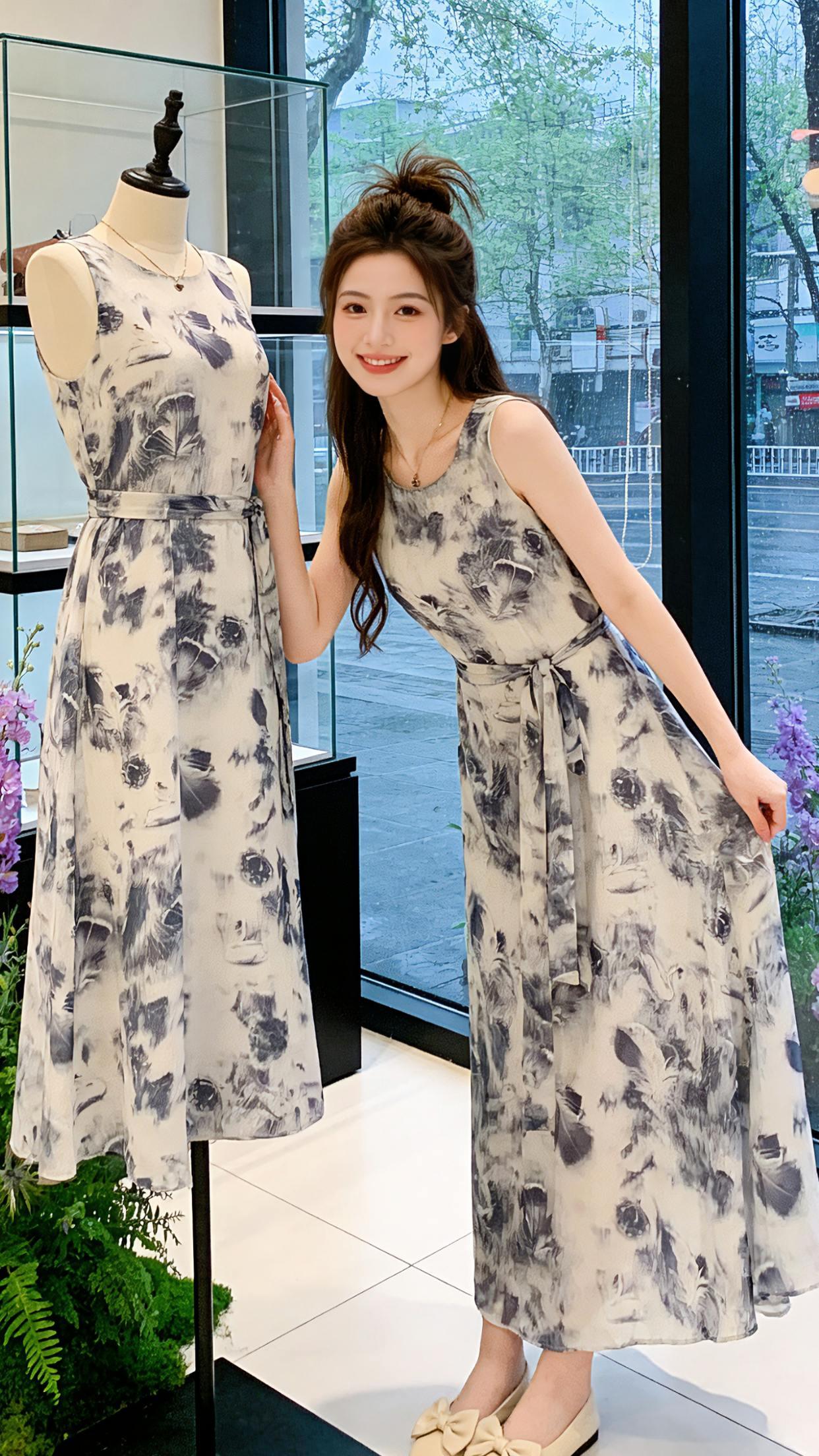 春日的温柔氛围感，都被这条水墨连衣裙拿捏了。清透雪纺面料自带垂坠感，晕染水墨印花