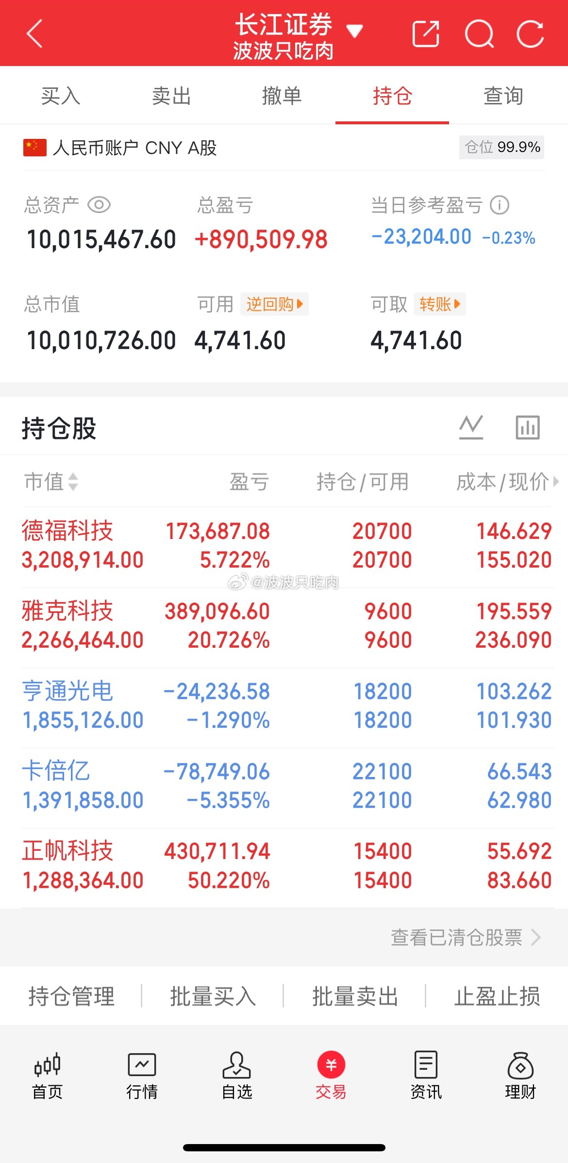 波波实盘日记📒今日操作清晰落地持仓：德福科技 雅克科技 卡倍亿 亨通光电 正帆