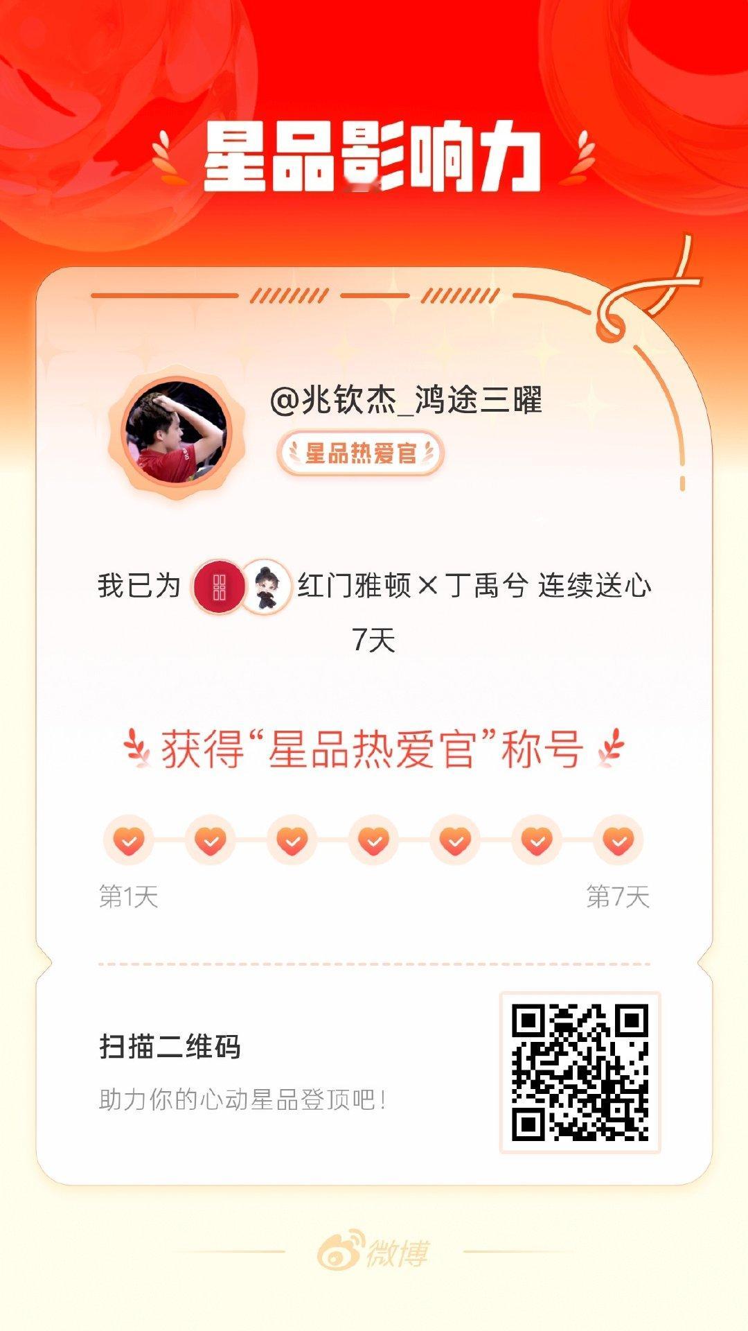我在星品影响力上为 X 连续送心7天，获得“星品热爱官”称号！快来一起pick你