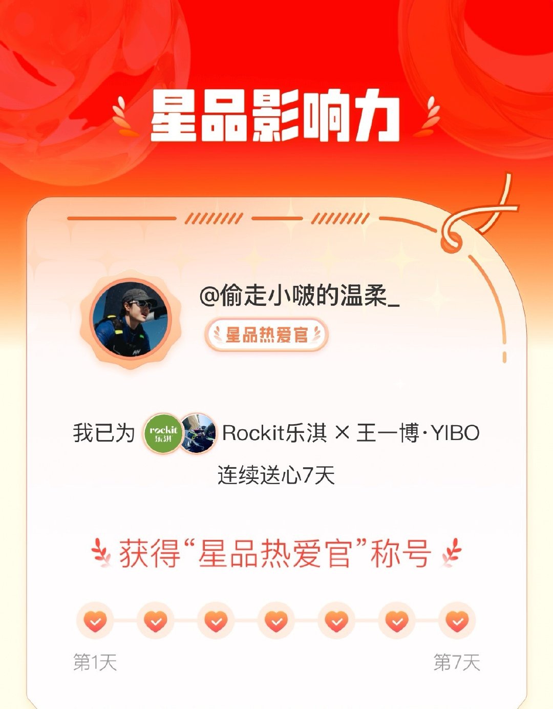 我在星品影响力上为 X 连续送心7天，获得“星品热爱官”称号！快来一起pick你