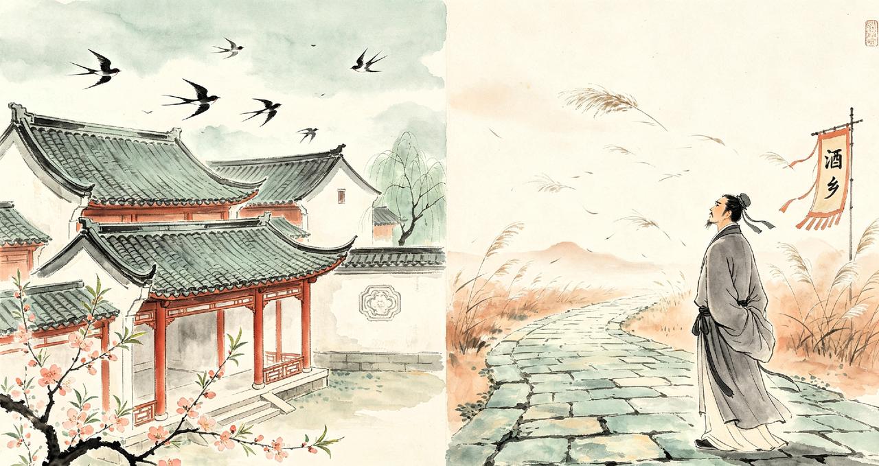 上联：故里空庭思旧燕，
下联：异乡节序叹飘蓬。
 
解析：上下对仗工整，故里对异