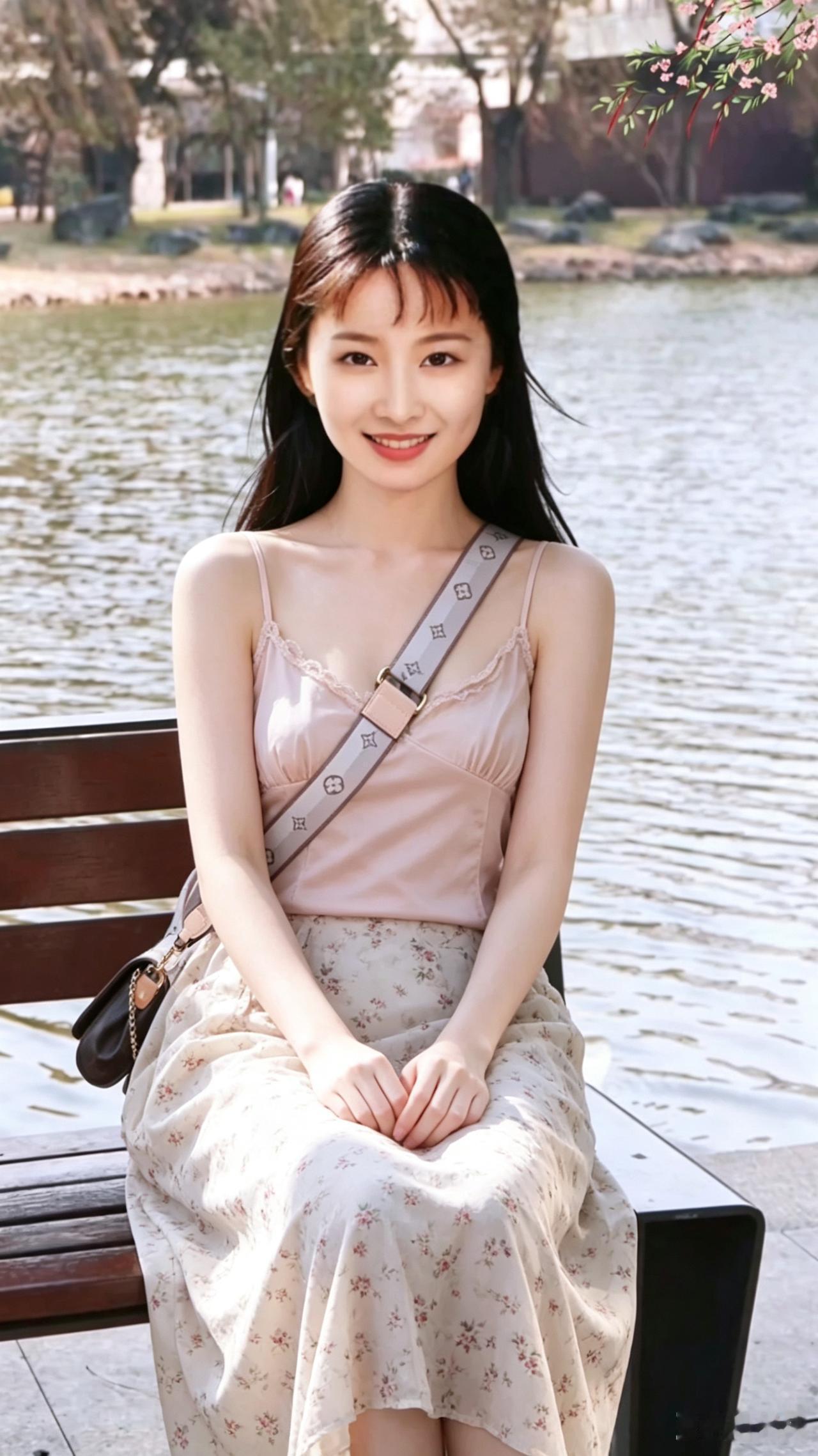 阳光明媚的午后，湖畔长椅上的甜美少女