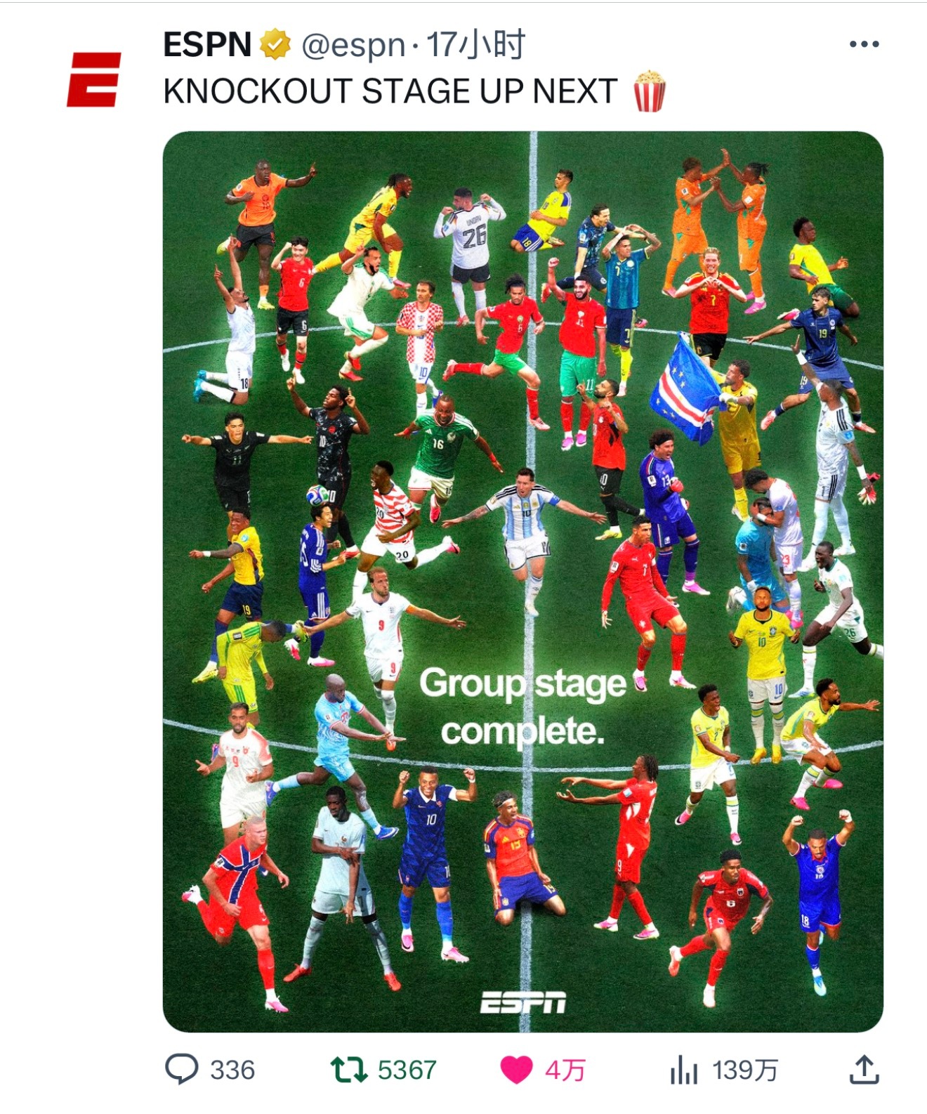 ESPN发布世界杯淘汰赛预热海报，梅西超级C位！在外面，球王就是第一影响力，没办
