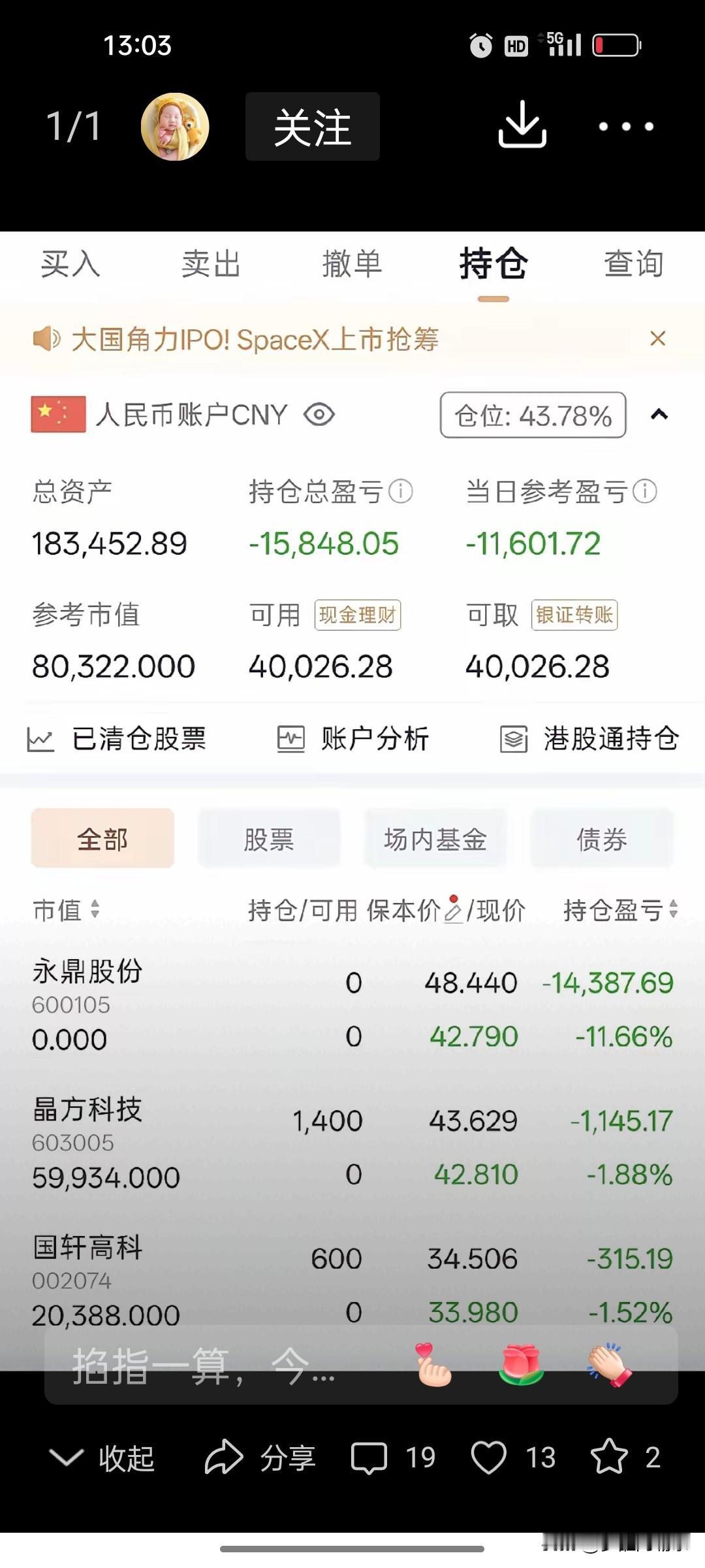 这位陕西股民晒持仓一上午大亏超1.1万，亏损抵三月工资，直言奉劝旁人别碰股市
 