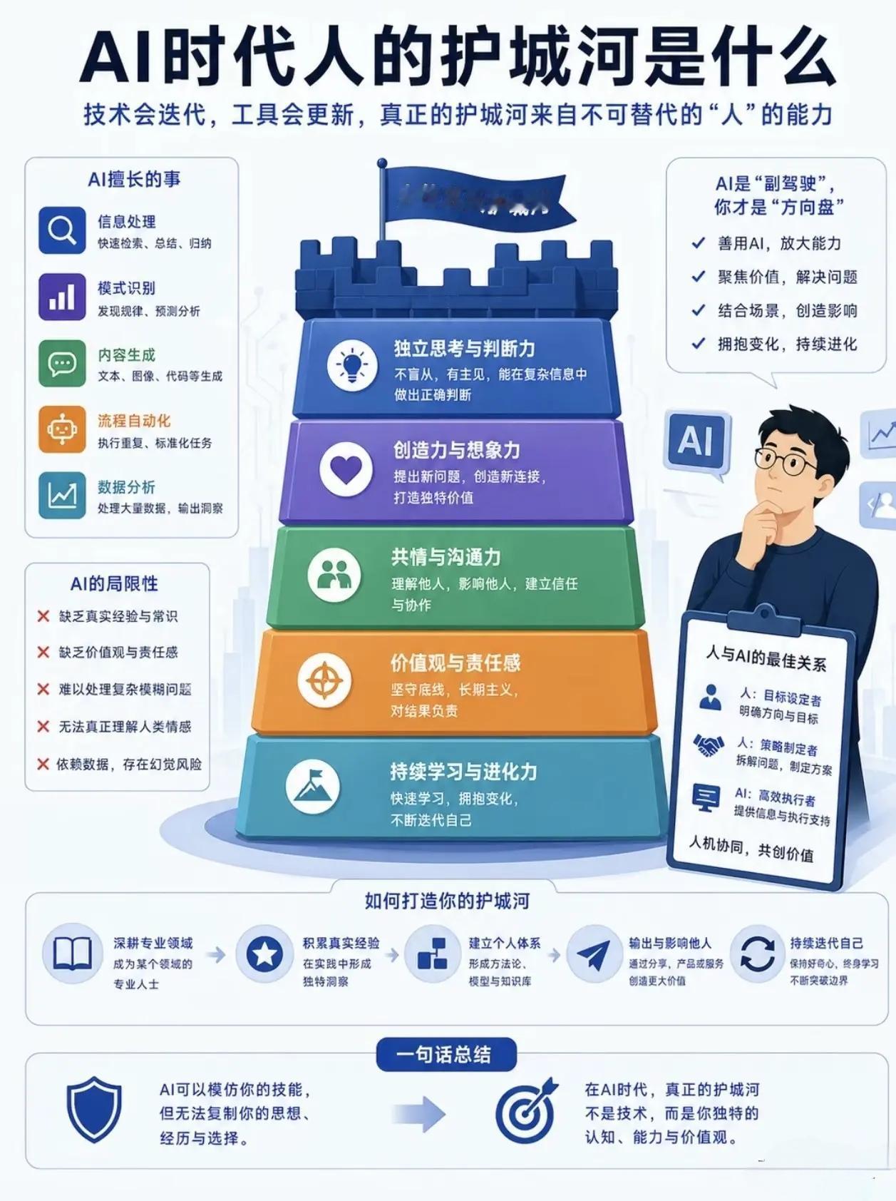 AI时代·个人五大核心护城河精简总结
 
AI擅长
 
信息处理、图文生成、模式